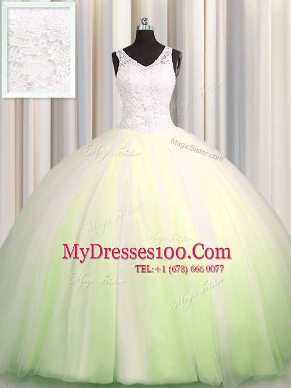 Delicate Zipple Up Brush Train Big Puffy Yellow Green Sleeveless Beading and Appliques Zipper Sweet 16 Dress