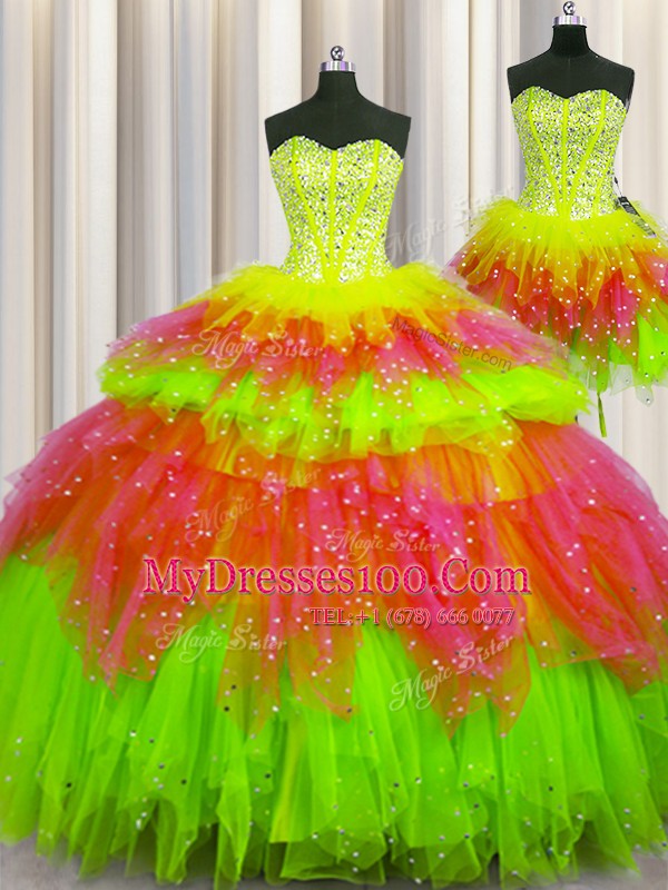 Three Piece Visible Boning Floor Length Multi-color Quinceanera Dresses Tulle Sleeveless Beading