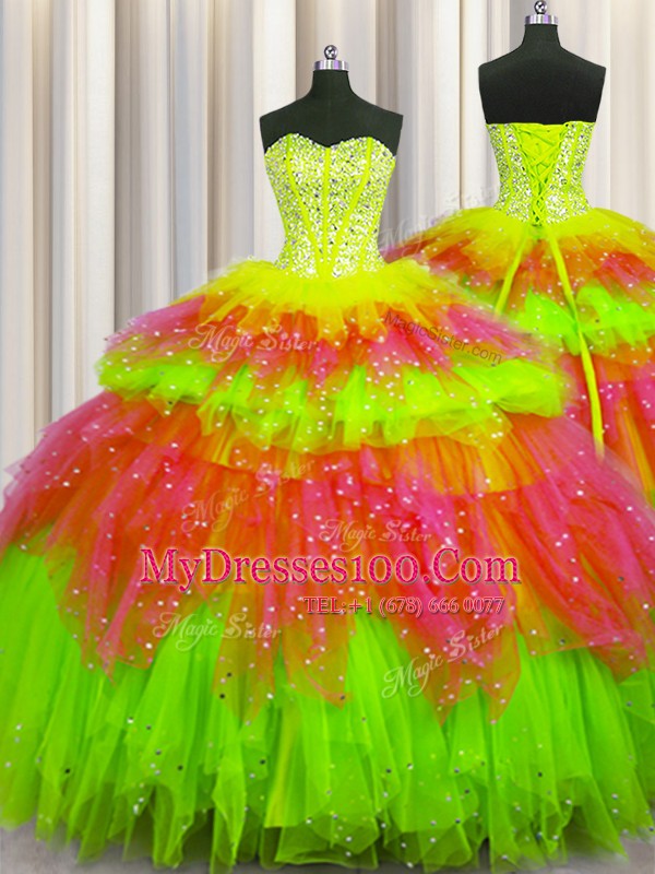 Three Piece Visible Boning Floor Length Multi-color Quinceanera Dresses Tulle Sleeveless Beading