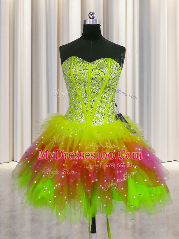 Three Piece Visible Boning Floor Length Multi-color Quinceanera Dresses Tulle Sleeveless Beading