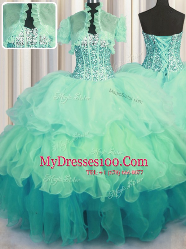 Extravagant Visible Boning Bling-bling Sleeveless Lace Up Floor Length Beading and Ruffled Layers Sweet 16 Quinceanera Dress