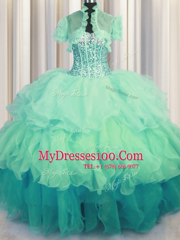 Extravagant Visible Boning Bling-bling Sleeveless Lace Up Floor Length Beading and Ruffled Layers Sweet 16 Quinceanera Dress