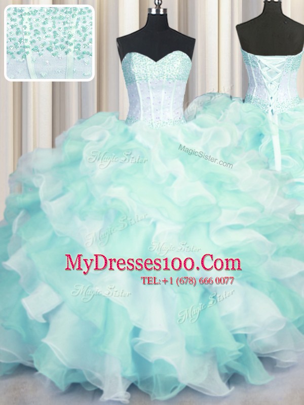Affordable Two Tone Visible Boning Multi-color Sweetheart Lace Up Beading and Ruffles Quinceanera Gown Sleeveless