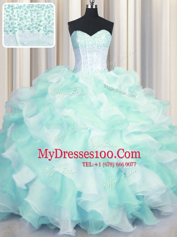 Affordable Two Tone Visible Boning Multi-color Sweetheart Lace Up Beading and Ruffles Quinceanera Gown Sleeveless