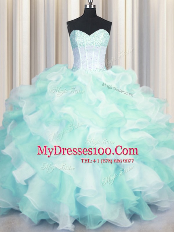 Affordable Two Tone Visible Boning Multi-color Sweetheart Lace Up Beading and Ruffles Quinceanera Gown Sleeveless