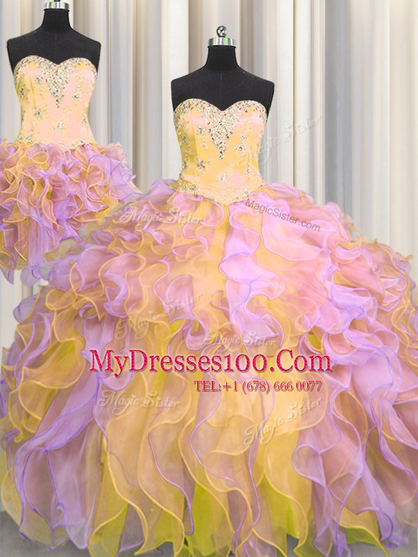 Traditional Three Piece Multi-color Sweetheart Neckline Beading and Appliques and Ruffles 15th Birthday Dress Sleeveless Lace Up