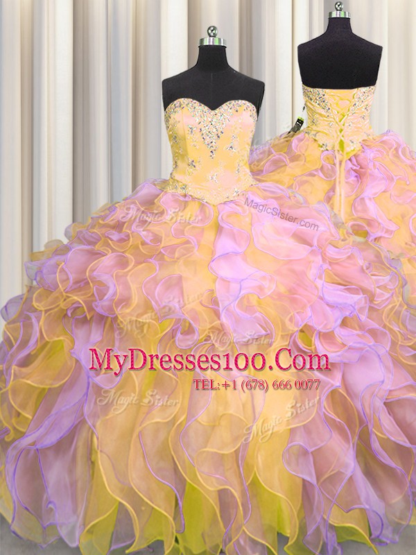 Traditional Three Piece Multi-color Sweetheart Neckline Beading and Appliques and Ruffles 15th Birthday Dress Sleeveless Lace Up