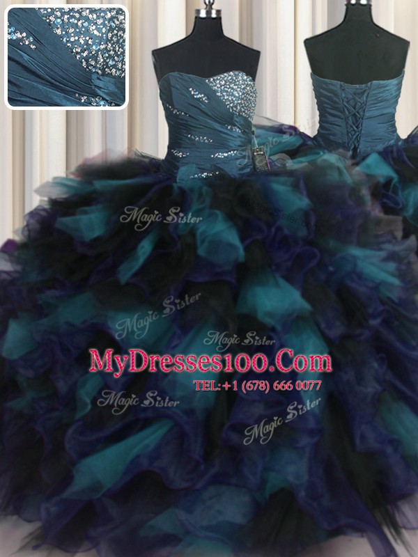 Sweetheart Sleeveless Quinceanera Gown Floor Length Beading and Ruffles Multi-color Organza and Tulle