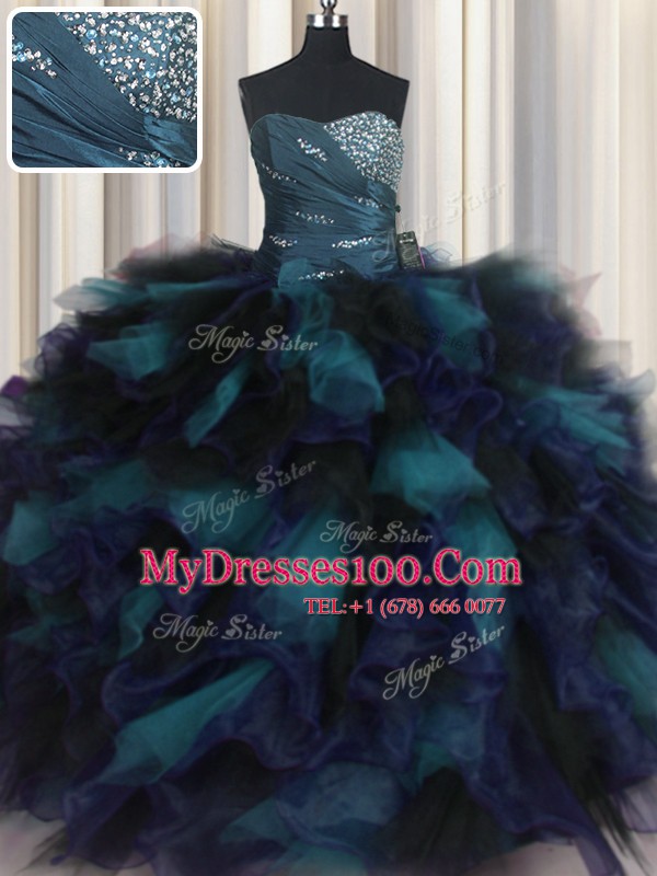 Sweetheart Sleeveless Quinceanera Gown Floor Length Beading and Ruffles Multi-color Organza and Tulle