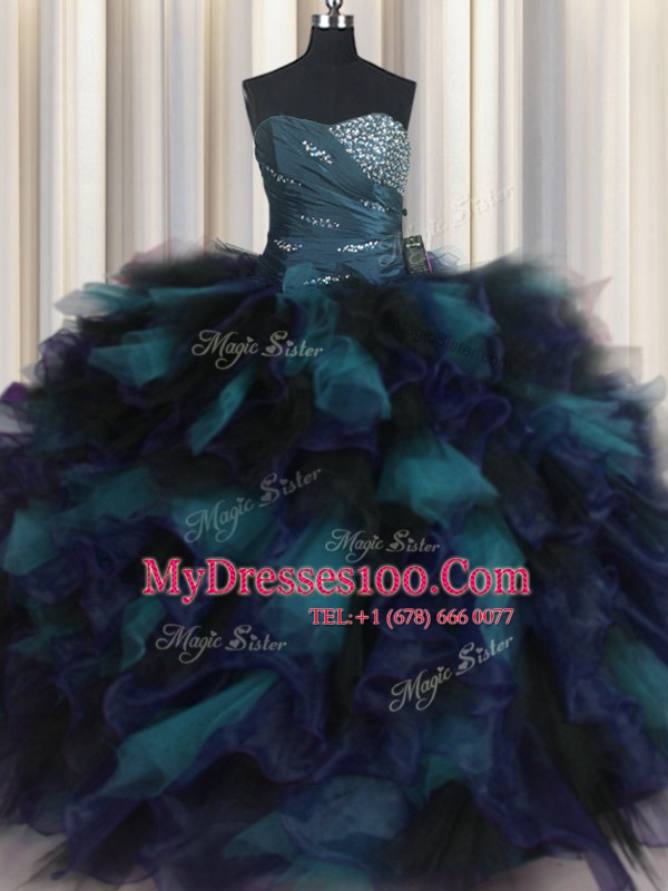 Sweetheart Sleeveless Quinceanera Gown Floor Length Beading and Ruffles Multi-color Organza and Tulle
