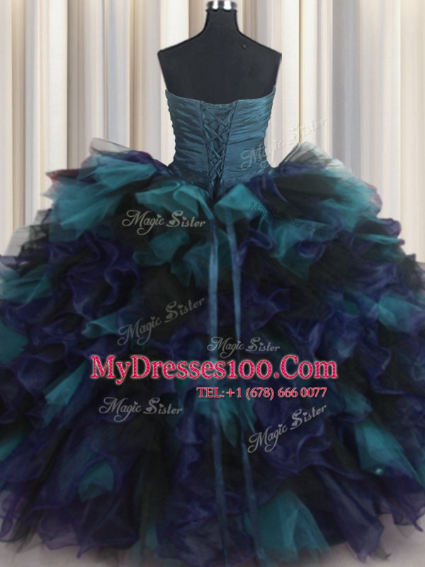 Sweetheart Sleeveless Quinceanera Gown Floor Length Beading and Ruffles Multi-color Organza and Tulle