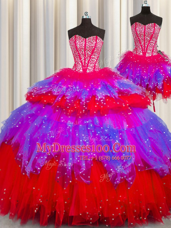 Custom Fit Three Piece Visible Boning Multi-color Lace Up Vestidos de Quinceanera Beading Sleeveless Floor Length