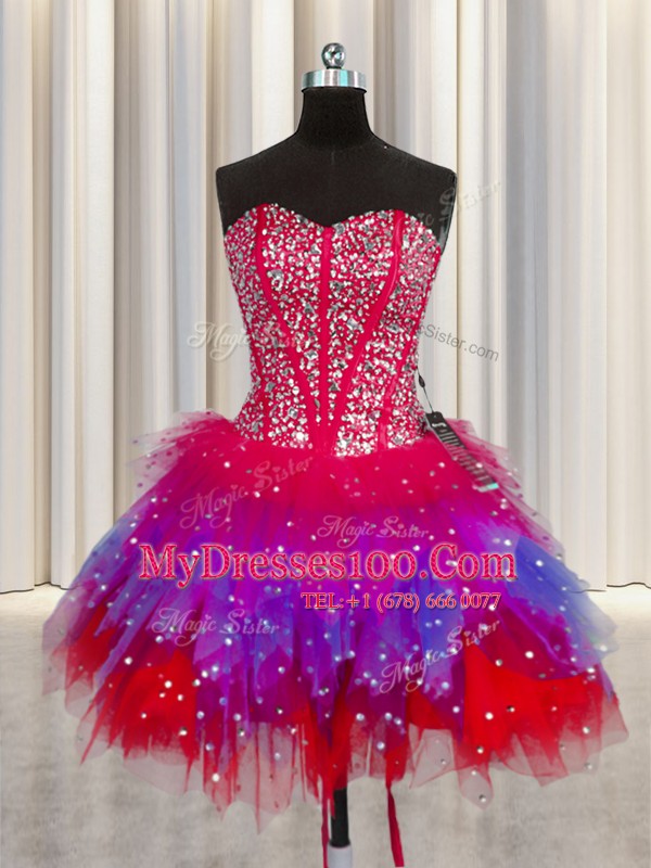 Custom Fit Three Piece Visible Boning Multi-color Lace Up Vestidos de Quinceanera Beading Sleeveless Floor Length