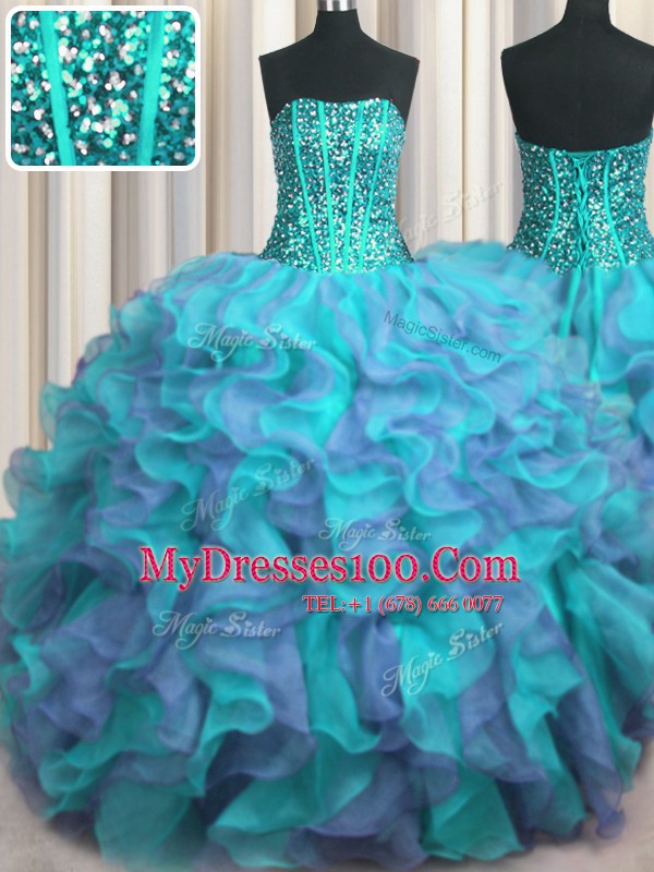 Latest Visible Boning Beaded Bodice Multi-color Strapless Neckline Beading and Ruffles 15th Birthday Dress Sleeveless Lace Up