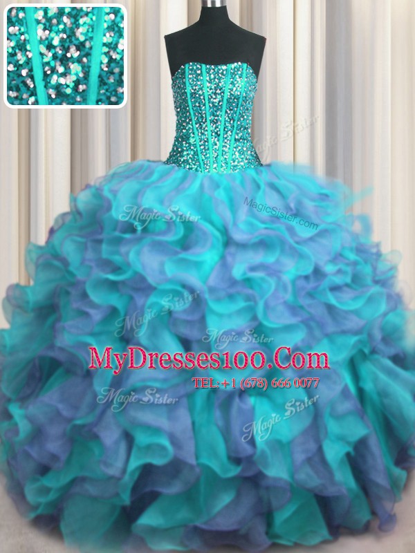 Latest Visible Boning Beaded Bodice Multi-color Strapless Neckline Beading and Ruffles 15th Birthday Dress Sleeveless Lace Up