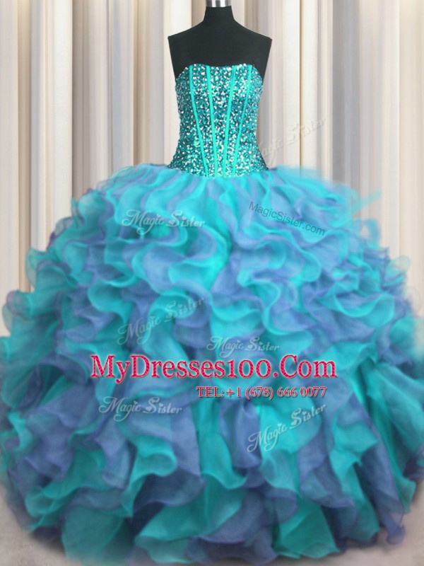 Latest Visible Boning Beaded Bodice Multi-color Strapless Neckline Beading and Ruffles 15th Birthday Dress Sleeveless Lace Up