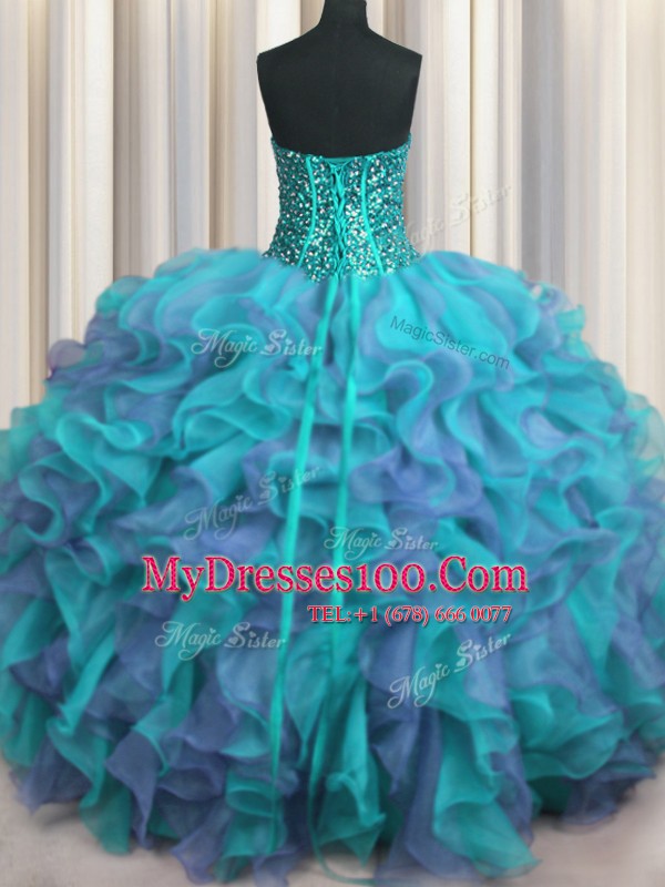 Latest Visible Boning Beaded Bodice Multi-color Strapless Neckline Beading and Ruffles 15th Birthday Dress Sleeveless Lace Up