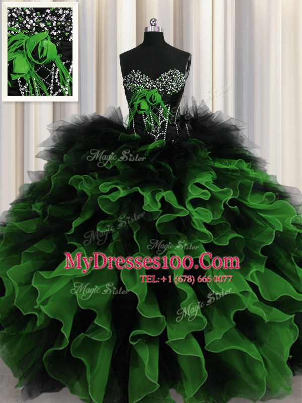 Multi-color Ball Gowns Beading and Ruffles Ball Gown Prom Dress Lace Up Organza and Tulle Sleeveless Floor Length
