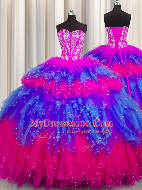 Admirable Bling-bling Visible Boning Floor Length Multi-color Sweet 16 Quinceanera Dress Tulle Sleeveless Beading and Ruffles and Ruffled Layers and Sequins