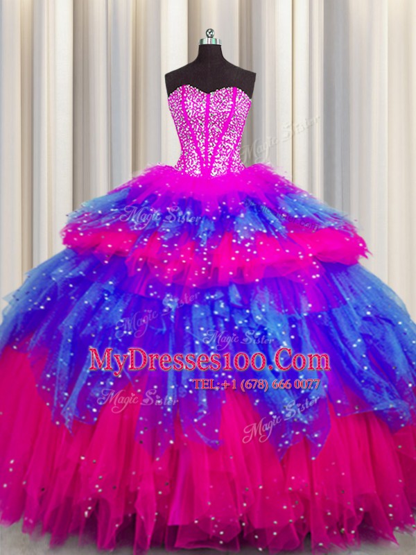 Admirable Bling-bling Visible Boning Floor Length Multi-color Sweet 16 Quinceanera Dress Tulle Sleeveless Beading and Ruffles and Ruffled Layers and Sequins
