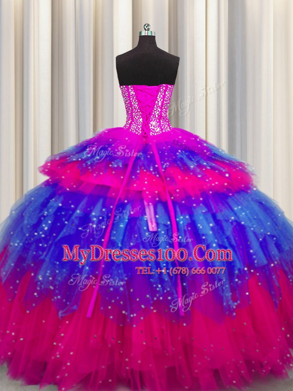Admirable Bling-bling Visible Boning Floor Length Multi-color Sweet 16 Quinceanera Dress Tulle Sleeveless Beading and Ruffles and Ruffled Layers and Sequins