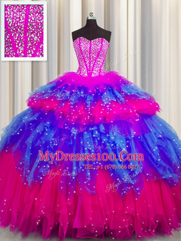 Admirable Bling-bling Visible Boning Floor Length Multi-color Sweet 16 Quinceanera Dress Tulle Sleeveless Beading and Ruffles and Ruffled Layers and Sequins