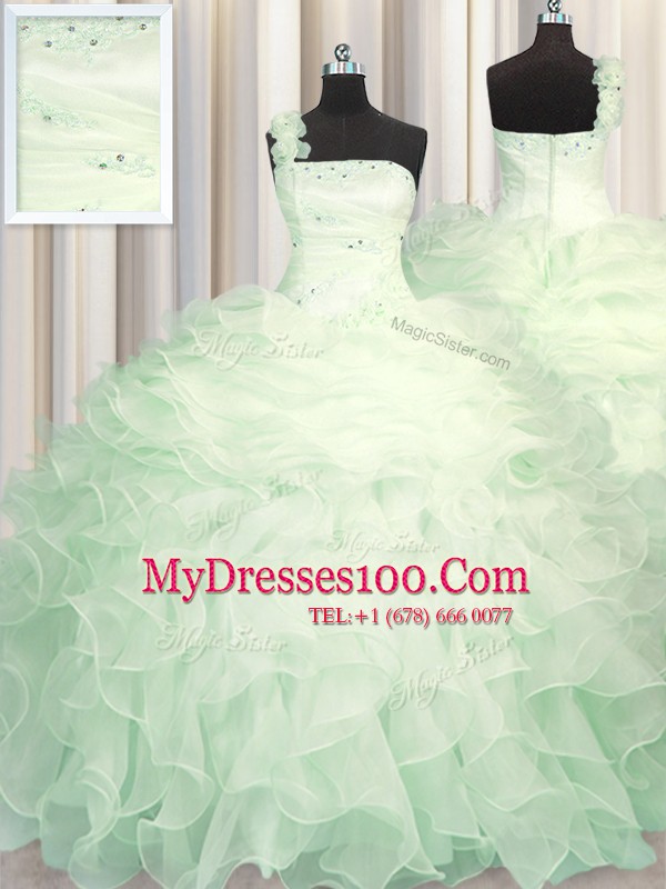 One Shoulder Sleeveless Organza Floor Length Zipper Sweet 16 Dresses in Apple Green with Beading and Ruffles