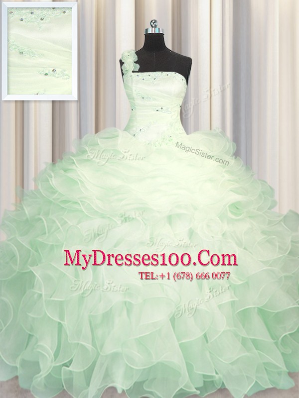 One Shoulder Sleeveless Organza Floor Length Zipper Sweet 16 Dresses in Apple Green with Beading and Ruffles