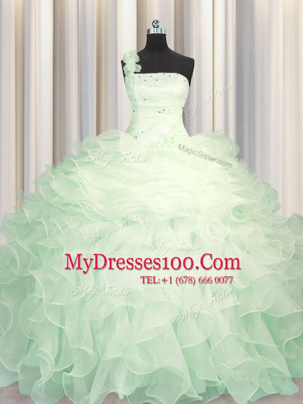 One Shoulder Sleeveless Organza Floor Length Zipper Sweet 16 Dresses in Apple Green with Beading and Ruffles