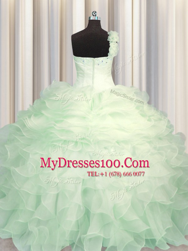 One Shoulder Sleeveless Organza Floor Length Zipper Sweet 16 Dresses in Apple Green with Beading and Ruffles
