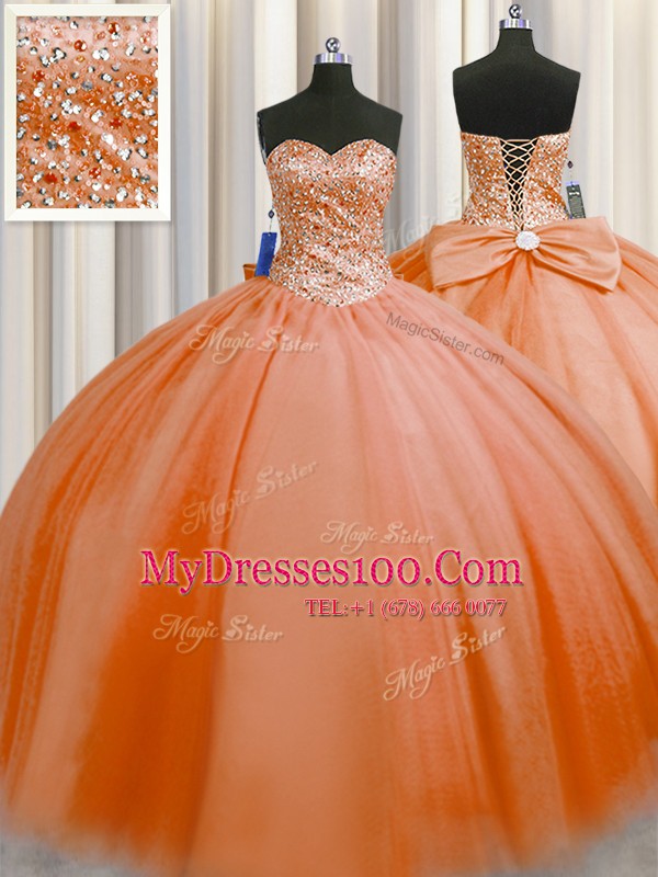 Best Selling Puffy Skirt Orange Red Sleeveless Beading Floor Length Vestidos de Quinceanera
