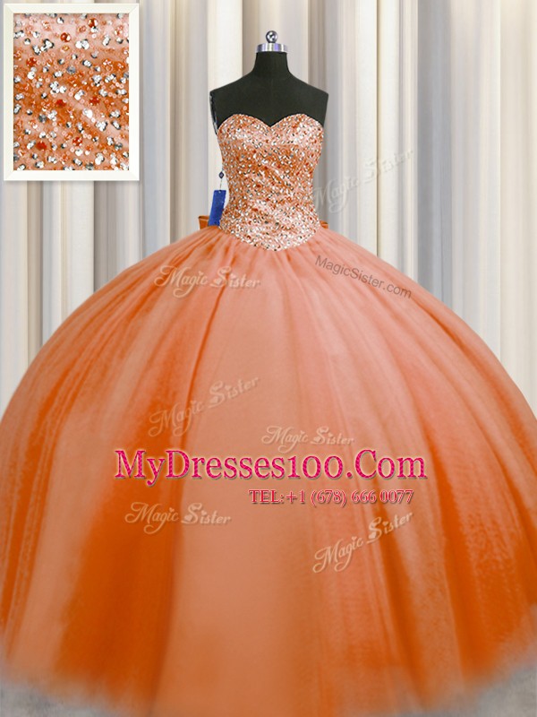 Best Selling Puffy Skirt Orange Red Sleeveless Beading Floor Length Vestidos de Quinceanera