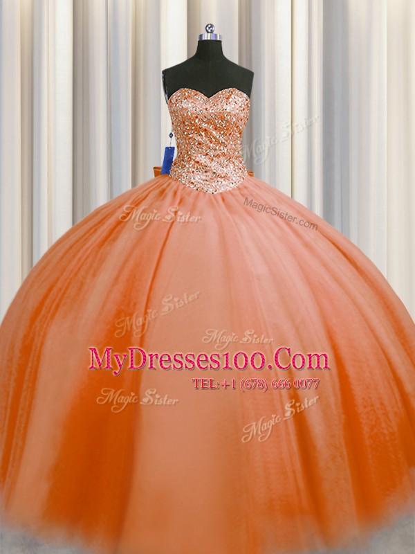 Best Selling Puffy Skirt Orange Red Sleeveless Beading Floor Length Vestidos de Quinceanera