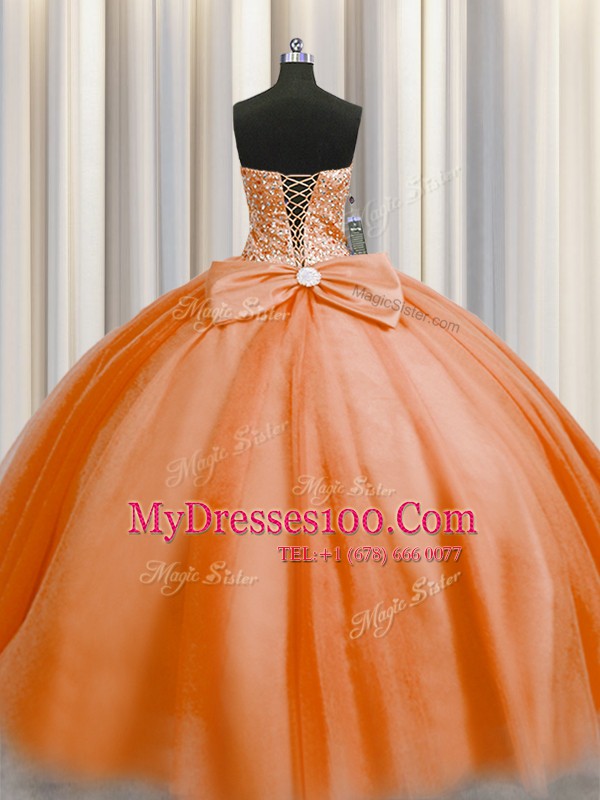 Best Selling Puffy Skirt Orange Red Sleeveless Beading Floor Length Vestidos de Quinceanera
