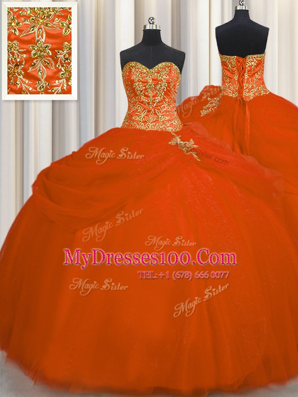 Orange Red Lace Up Sweetheart Beading Sweet 16 Dress Tulle Sleeveless