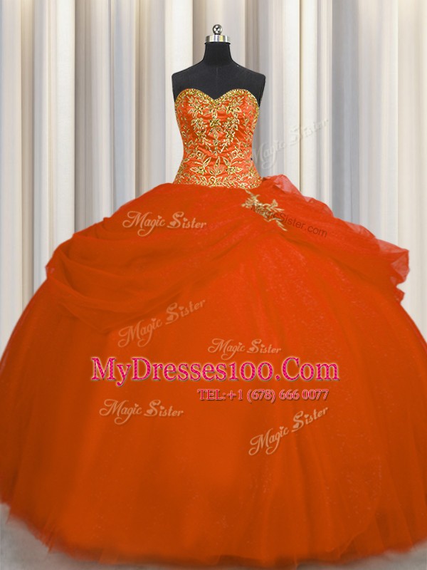 Orange Red Lace Up Sweetheart Beading Sweet 16 Dress Tulle Sleeveless