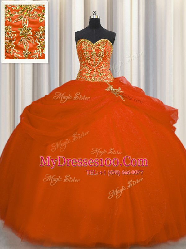 Orange Red Lace Up Sweetheart Beading Sweet 16 Dress Tulle Sleeveless