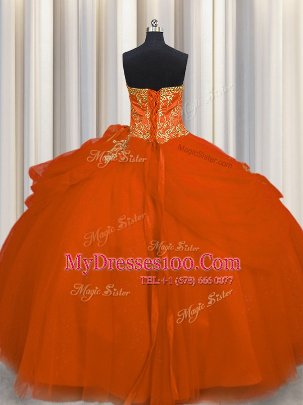 Orange Red Lace Up Sweetheart Beading Sweet 16 Dress Tulle Sleeveless