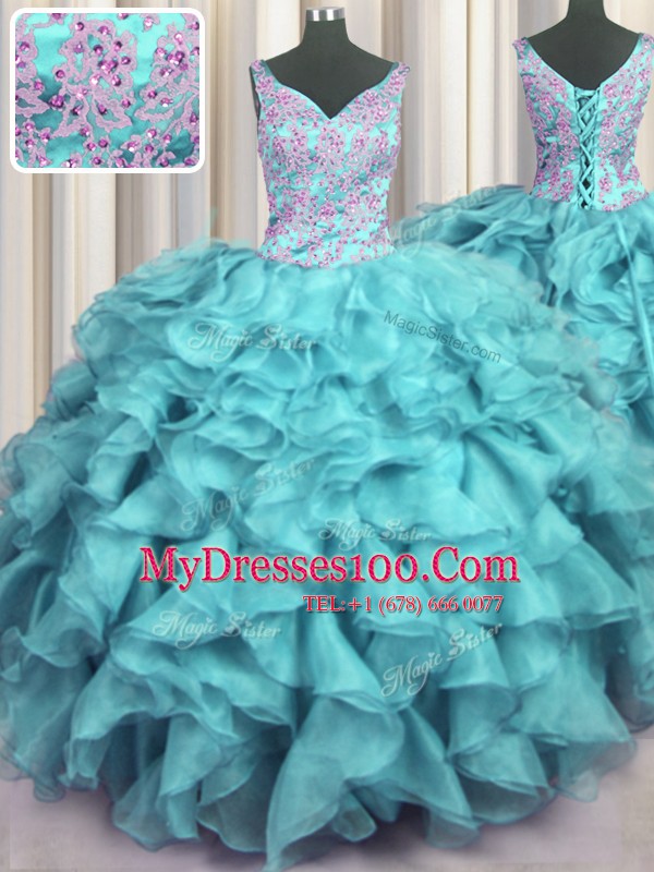 Nice Ruffled V Neck Sleeveless Floor Length Appliques and Ruffles Lace Up Sweet 16 Dresses with Aqua Blue