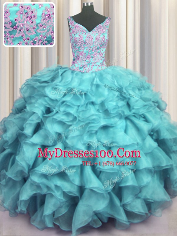 Nice Ruffled V Neck Sleeveless Floor Length Appliques and Ruffles Lace Up Sweet 16 Dresses with Aqua Blue