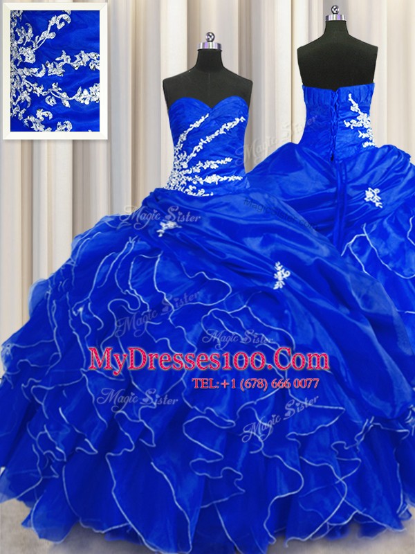 Spectacular Sleeveless Floor Length Beading and Appliques and Ruffles Lace Up Vestidos de Quinceanera with Royal Blue