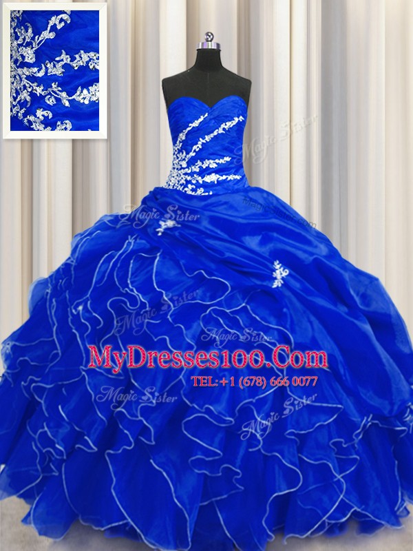 Spectacular Sleeveless Floor Length Beading and Appliques and Ruffles Lace Up Vestidos de Quinceanera with Royal Blue