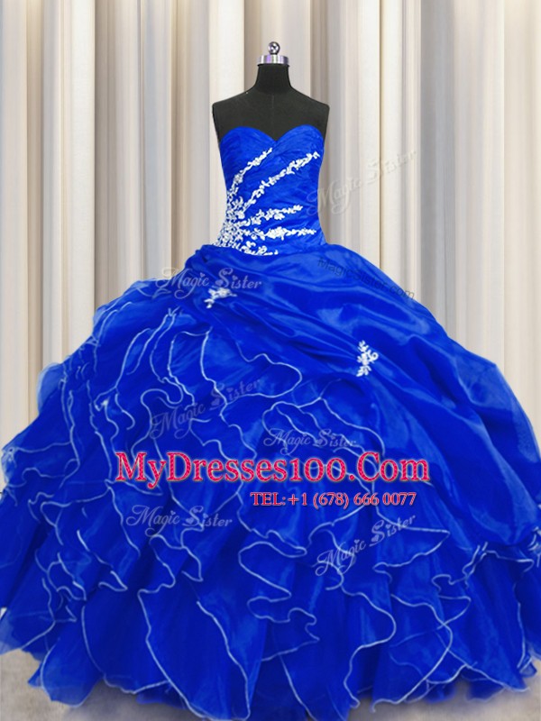 Spectacular Sleeveless Floor Length Beading and Appliques and Ruffles Lace Up Vestidos de Quinceanera with Royal Blue
