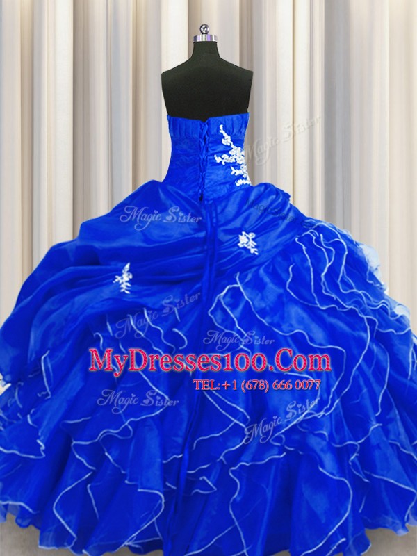 Spectacular Sleeveless Floor Length Beading and Appliques and Ruffles Lace Up Vestidos de Quinceanera with Royal Blue