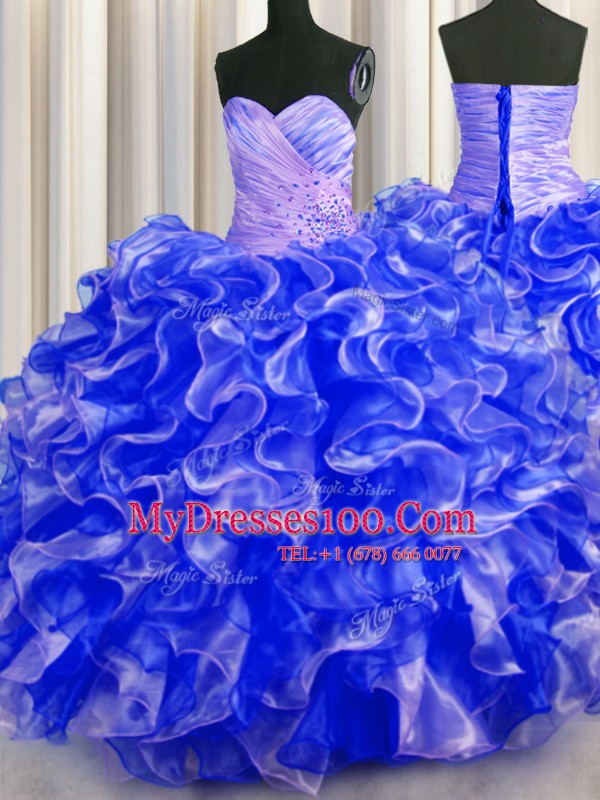 Royal Blue Ball Gowns Beading and Ruffles Quinceanera Dress Lace Up Organza Sleeveless Floor Length