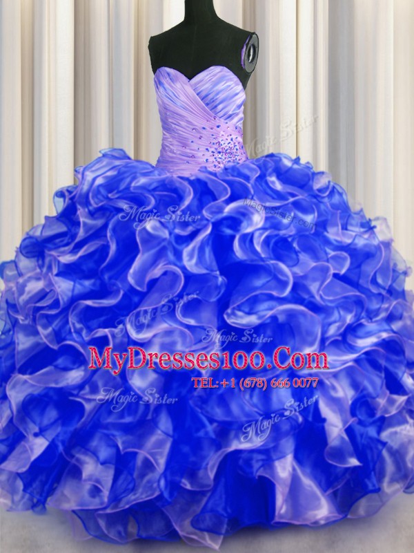 Royal Blue Ball Gowns Beading and Ruffles Quinceanera Dress Lace Up Organza Sleeveless Floor Length