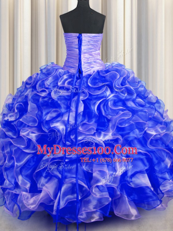 Royal Blue Ball Gowns Beading and Ruffles Quinceanera Dress Lace Up Organza Sleeveless Floor Length
