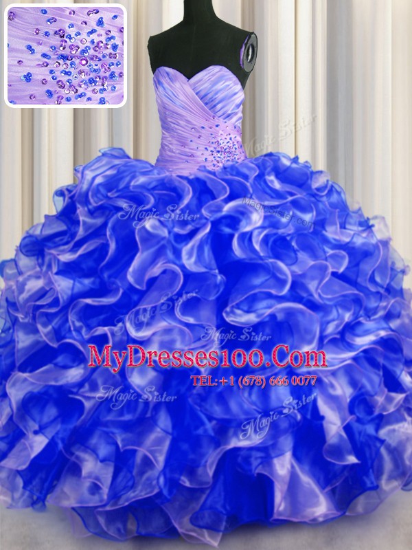 Royal Blue Ball Gowns Beading and Ruffles Quinceanera Dress Lace Up Organza Sleeveless Floor Length