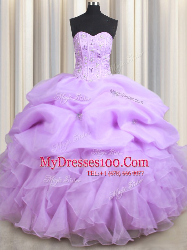 Fashionable Visible Boning Floor Length Lace Up Quinceanera Dress Lilac for Military Ball and Sweet 16 and Quinceanera with Beading and Ruffles and Pick Ups