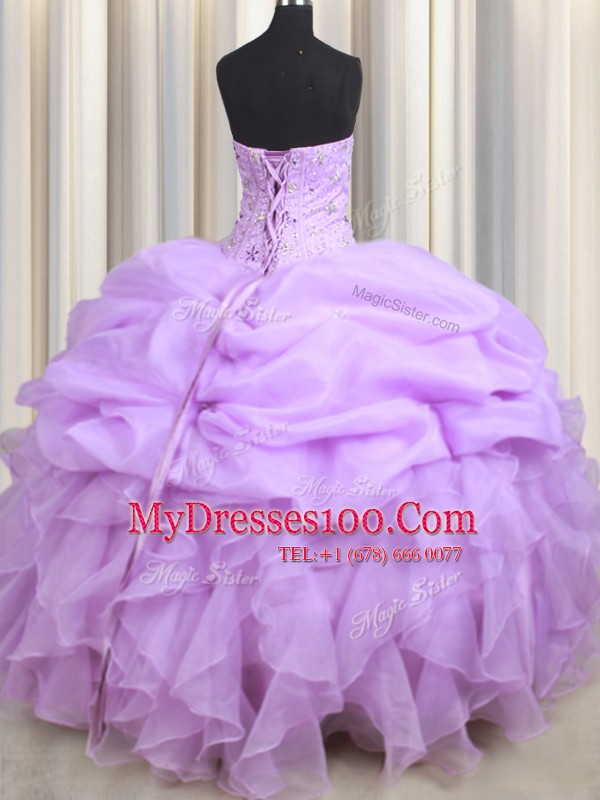Fashionable Visible Boning Floor Length Lace Up Quinceanera Dress Lilac for Military Ball and Sweet 16 and Quinceanera with Beading and Ruffles and Pick Ups